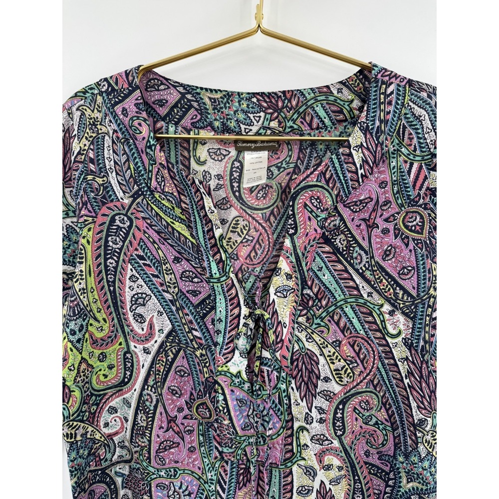 Tommy Bahama Paisley Cotton Peasant Cover Up Tunic Tie Neck 3/4 Sleeve XS - Picture 3 of 8